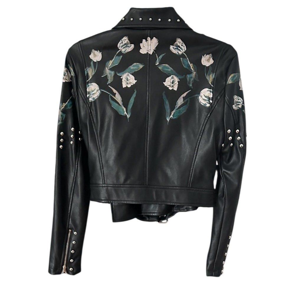 Bebe Black Faux Leather Moto Jacket Sz S Black w/Floral Detail Studded Zippers - Picture 4 of 10